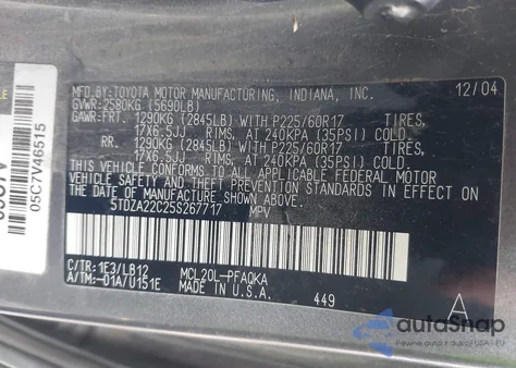 2005 Toyota Sienna Xle/Xle Limited from USA, damaged, VIN 5TDZA22C25S267717